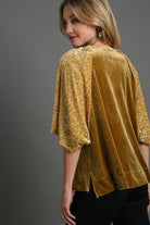 Umgee Mustard Round Neck Leopard Balloon Sleeve Velvet Blouse Shirts & Tops