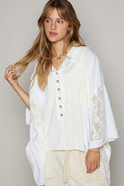 POL White Crochet Patchwork Frayed Edge Half Button Knit Top White Shirts & Tops