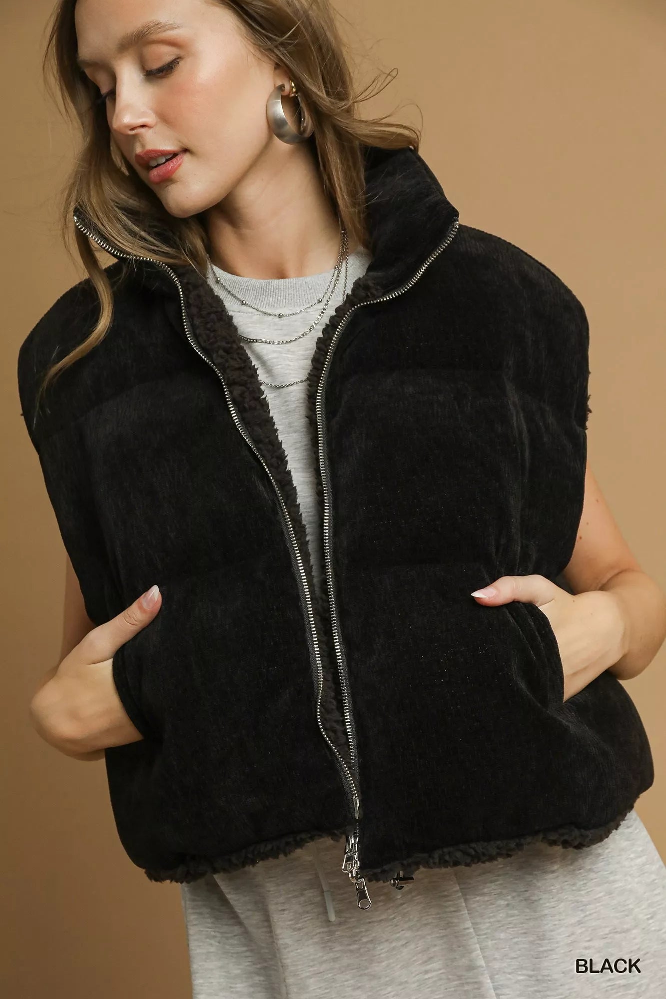 Umgee Sherpa-Lined Zip Vest with Drawstring Hem – Black
