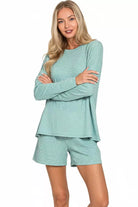 Zenana Dusy Teal Soft Melange Long Sleeve Tee and Shorts Set