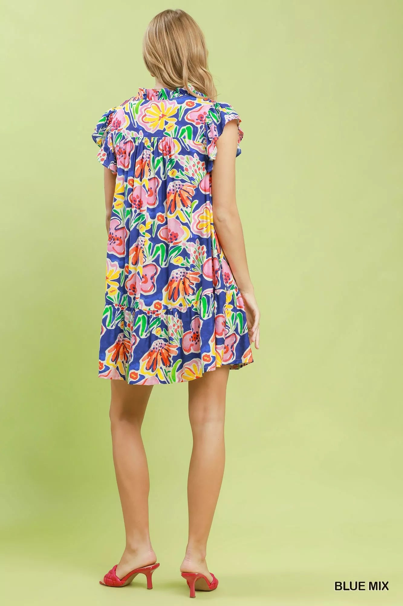 Umgee Blue Mix Floral Ruffle Mini Dress