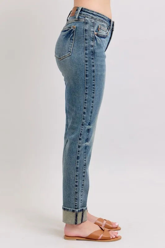 Judy Blue Mid Rise Vintage Wash Double Roll Cuff Boyfriend Jeans