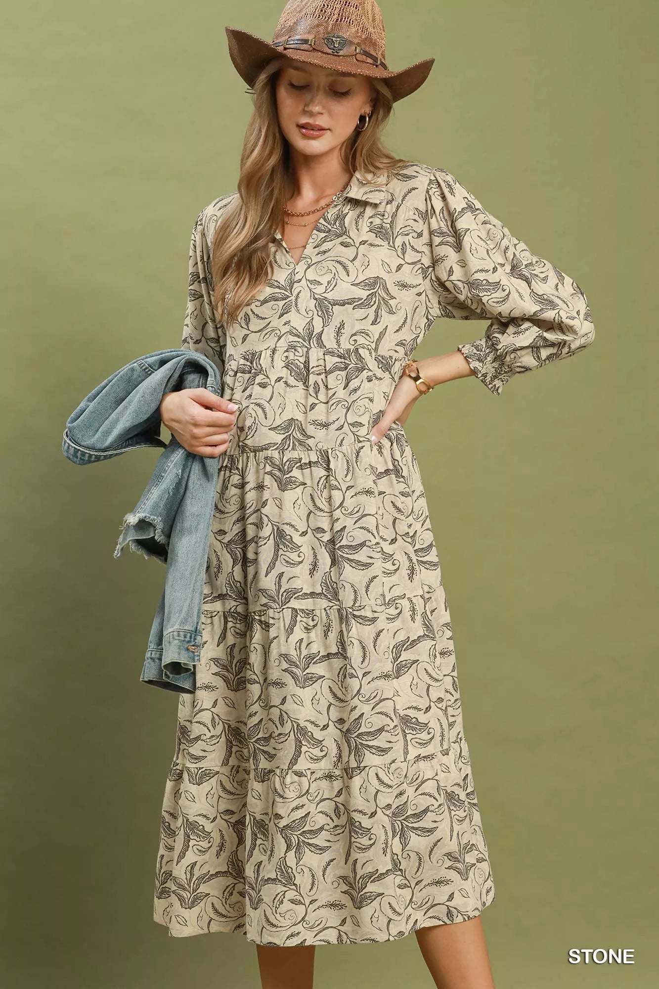 Umgee Stone Linen Botanical Print Tiered Midi Dress STONE