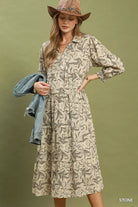 Umgee Stone Linen Botanical Print Tiered Midi Dress STONE