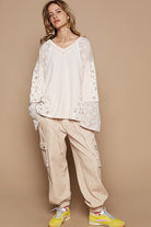 POL Lace Floral Round Neck Knit Top in Egg Shell Shirts & Tops