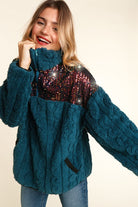 Haptics Teal Sequin & High Neck Sherpa Half Zip Pullover Sweater Sweater