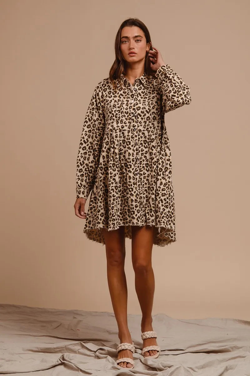 BiBi Oatmeal Washed Denim Button Down Dress with Side Pocket