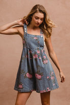 BiBi Dark Washed Flower Printed Wide Strap Denim Overalls