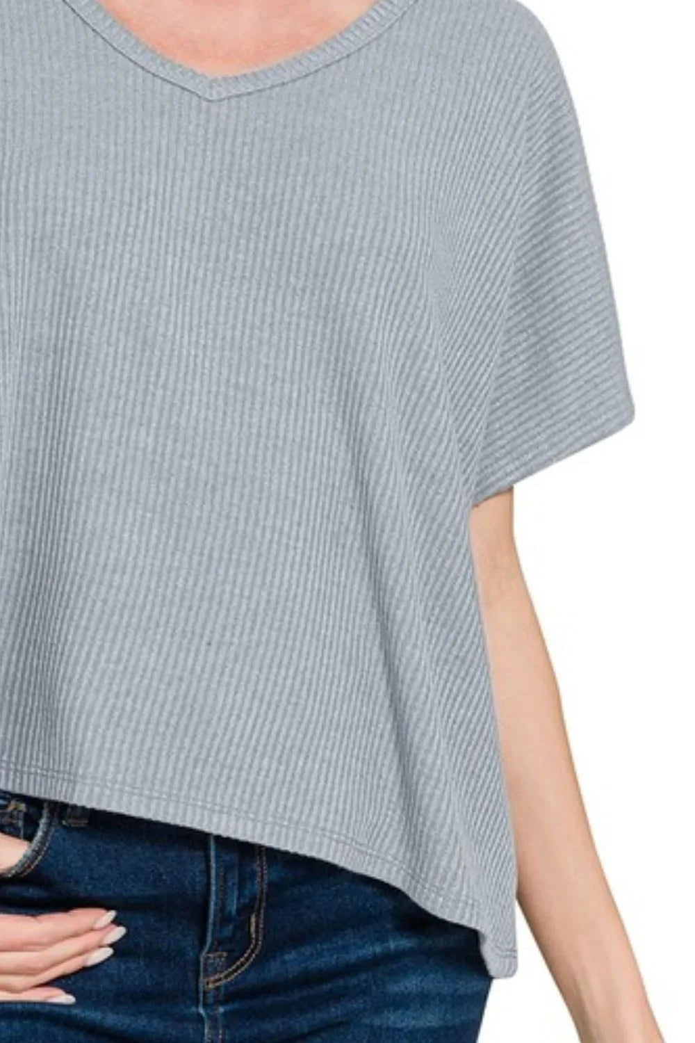 Zenana Blue Grey Ribbed V-Neck Short-Sleeve Knit Top
