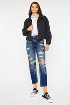 Kancan High Rise Distressed Mom Fit Jeans DARK