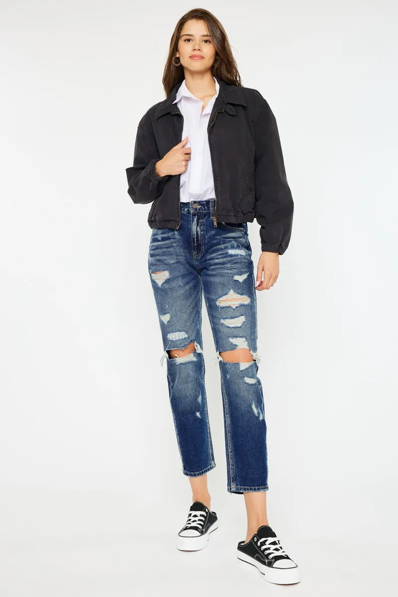 Kancan High Rise Distressed Mom Fit Jeans DARK