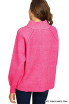 Zenana Ribbed Two-Tone Half Zip Sweater in Hot Pink/Candy Pink