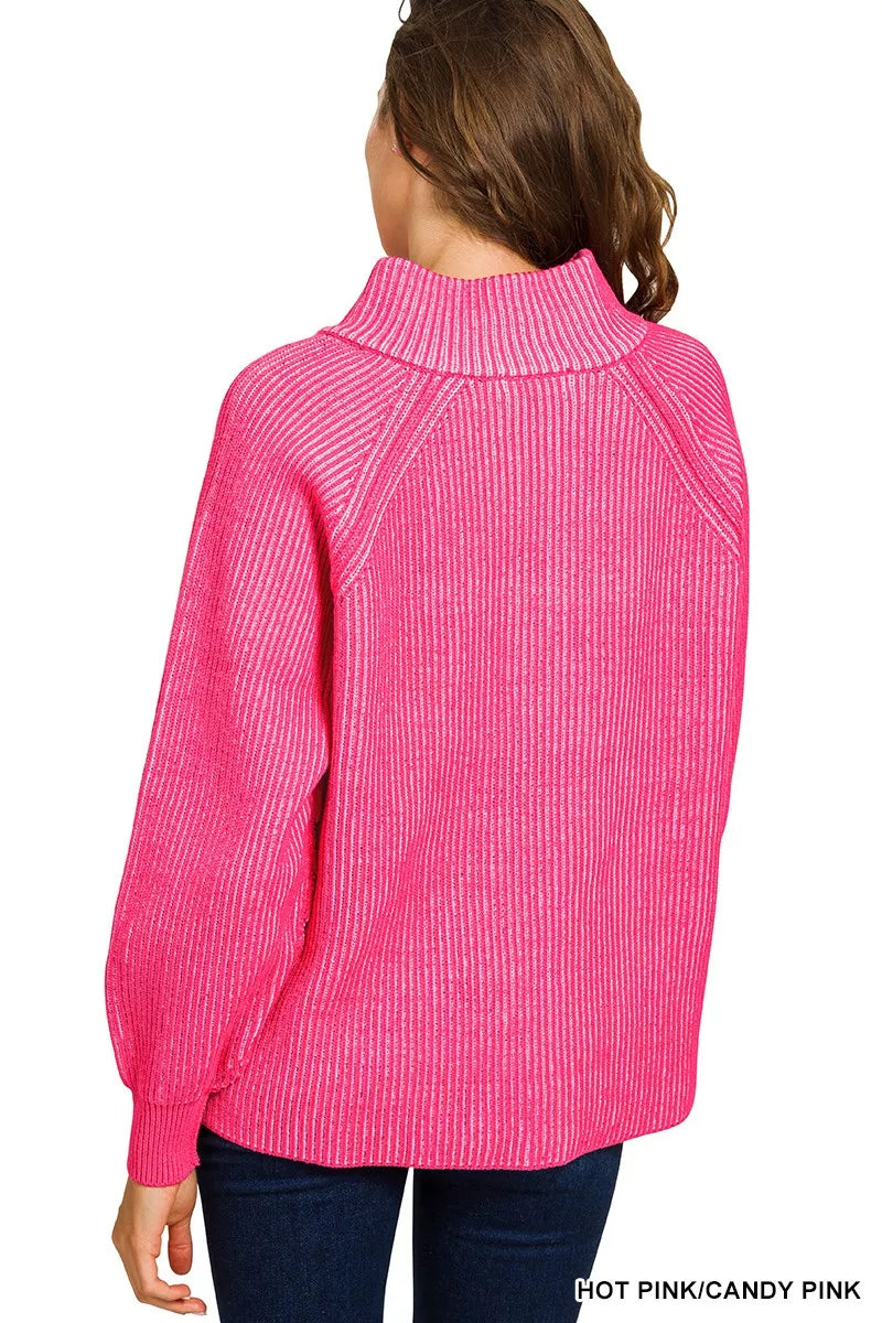 Zenana Ribbed Two-Tone Half Zip Sweater in Hot Pink/Candy Pink