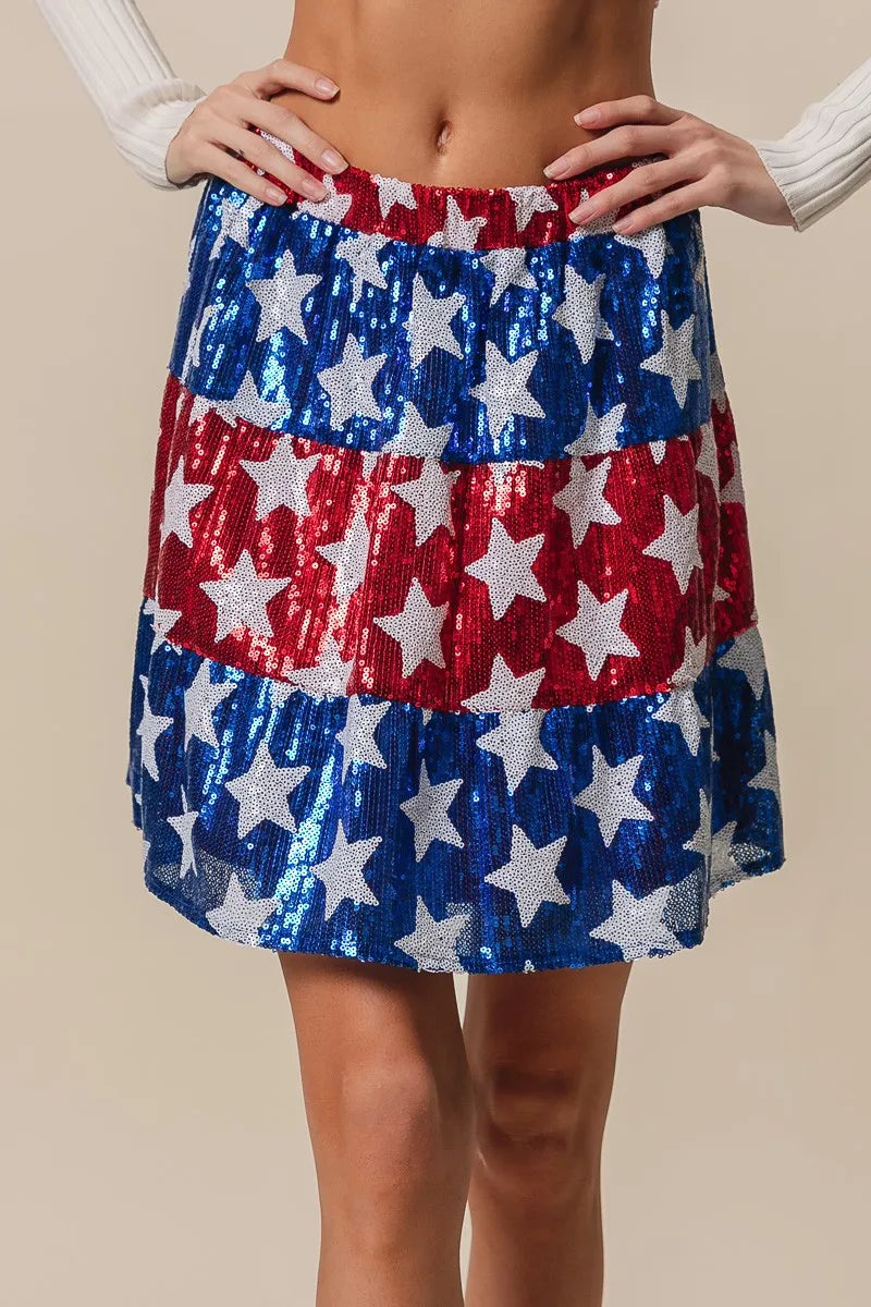 BiBi American Flag Theme Star Sequin Tiered Skirt AMERICAN FLAG