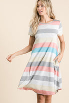 BOMBOM Striped Short Sleeve Dress with Pockets Stripe Trendsi