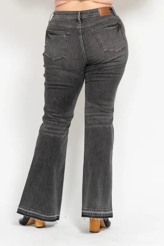 Judy Blue Gray Midi Rise Tummy Control Washed Gray Release Hem Flare Jeans