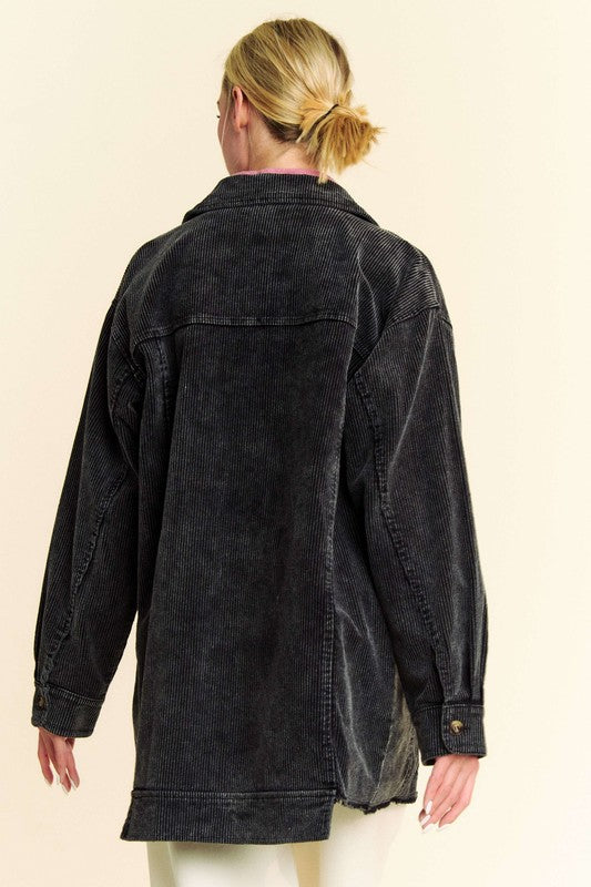 Davi & Dani Black Washed Corduroy Raw Hem Button Up Jacket Coats & Jackets