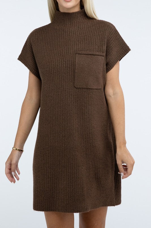 Zenana Mock Neck Short Sleeve Sweater Dress with Pocket in 6 Colors! BROWN ZENANA