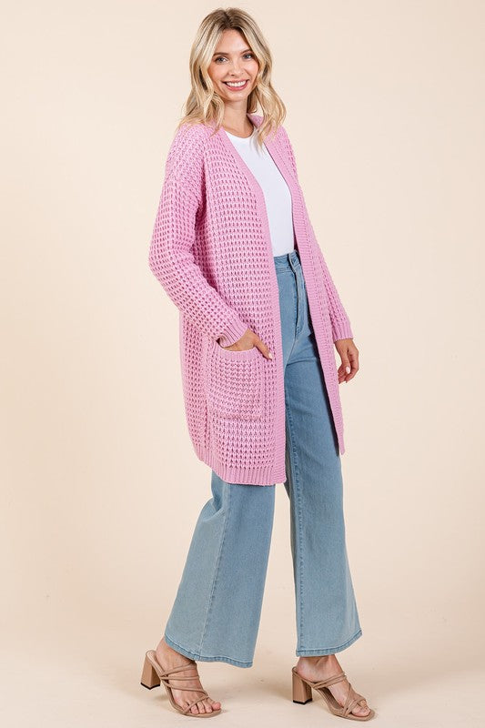 Mittoshop Pink Waffle Knit Open Front Long Sleeve Longline Cardigan Shirts & Tops