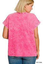 Zenana Hot Pink Crinkle Washed Round Neck Folded Short Sleeve Tee