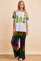BiBi Sequin Mardi Gras Bottles Spangled Sleeve Top