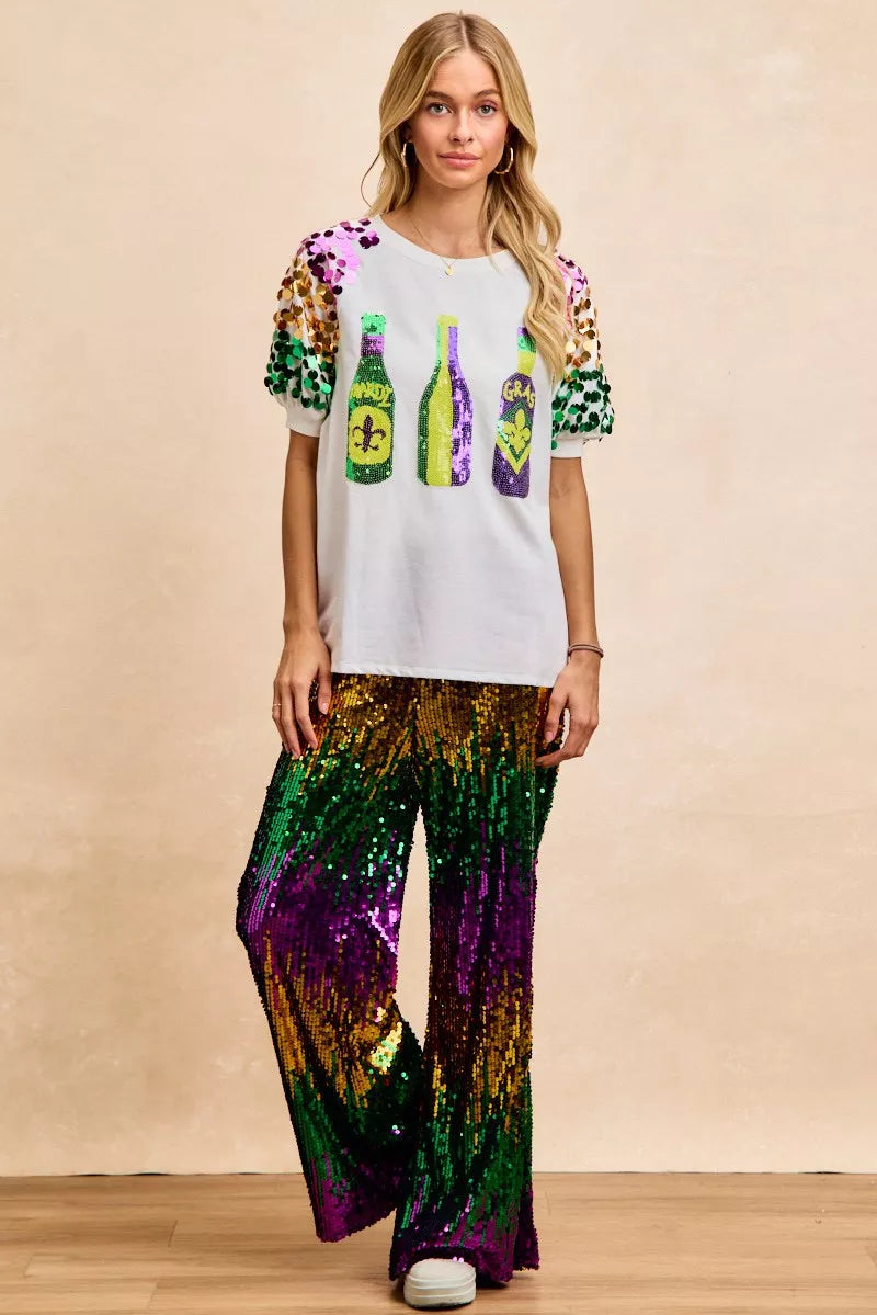 BiBi Sequin Mardi Gras Bottles Spangled Sleeve Top