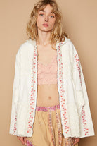 POL Ivory Embroidered Lace Patch Zip Up Hooded Jacket Ivory Coats & Jackets