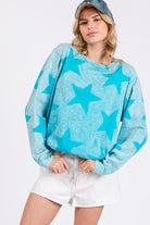 SAGE + FIG Agua Mineral Washed Star Pattern Long Sleeve Top Aqua Shirts & Tops