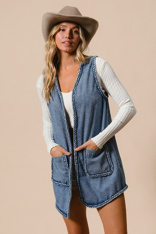 BiBi Braided Trim Open Front Denim Vest with Pockets Coats & Jackets