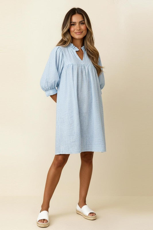 Haptics Bubble Blue Short Sleeve Pin Stripe Babydoll Dress