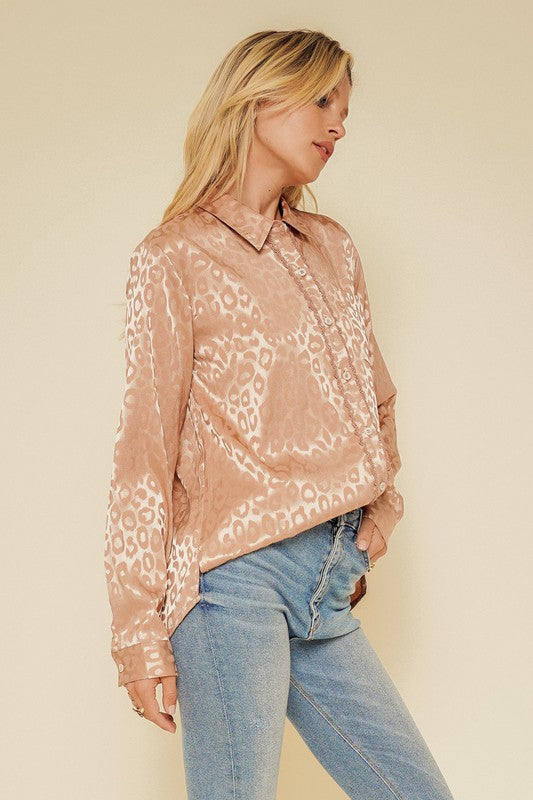 Hem & Thread Nude Satin Animal Print Button Down Lace Shirt Top Shirts & Tops