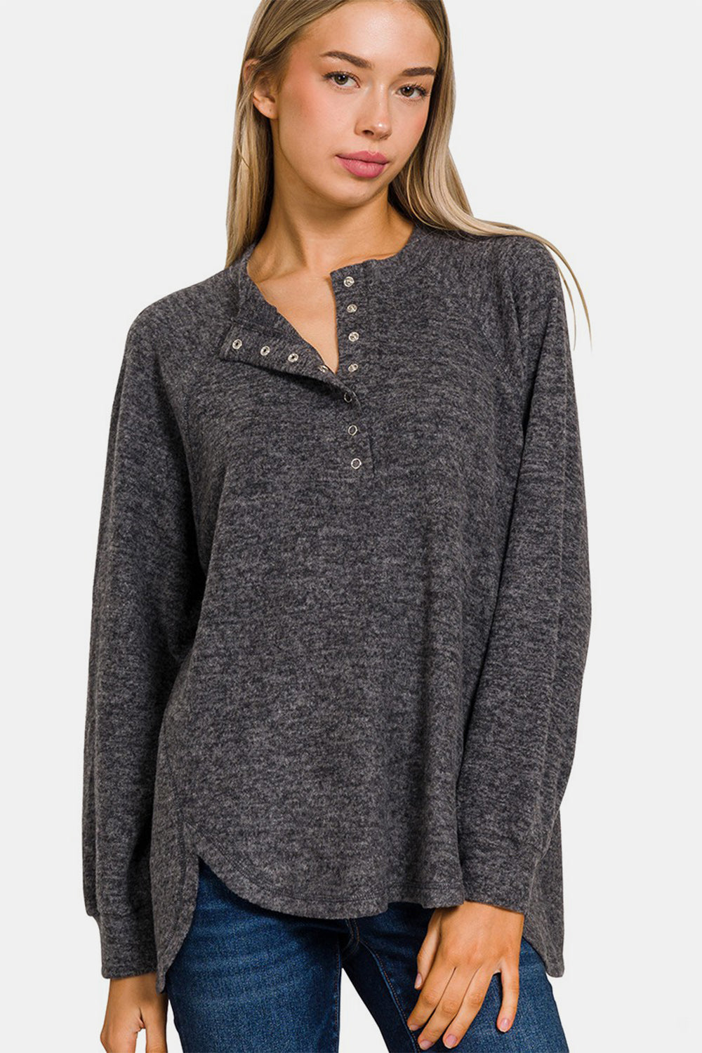 Zenana Brushed Melange Hacci High-Low Henley Sweater in Black Black Shirts & Tops