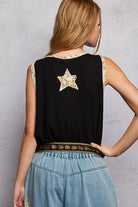 POL Black Washed Ribbed V-Neck Tank with Floral Print Star Patch