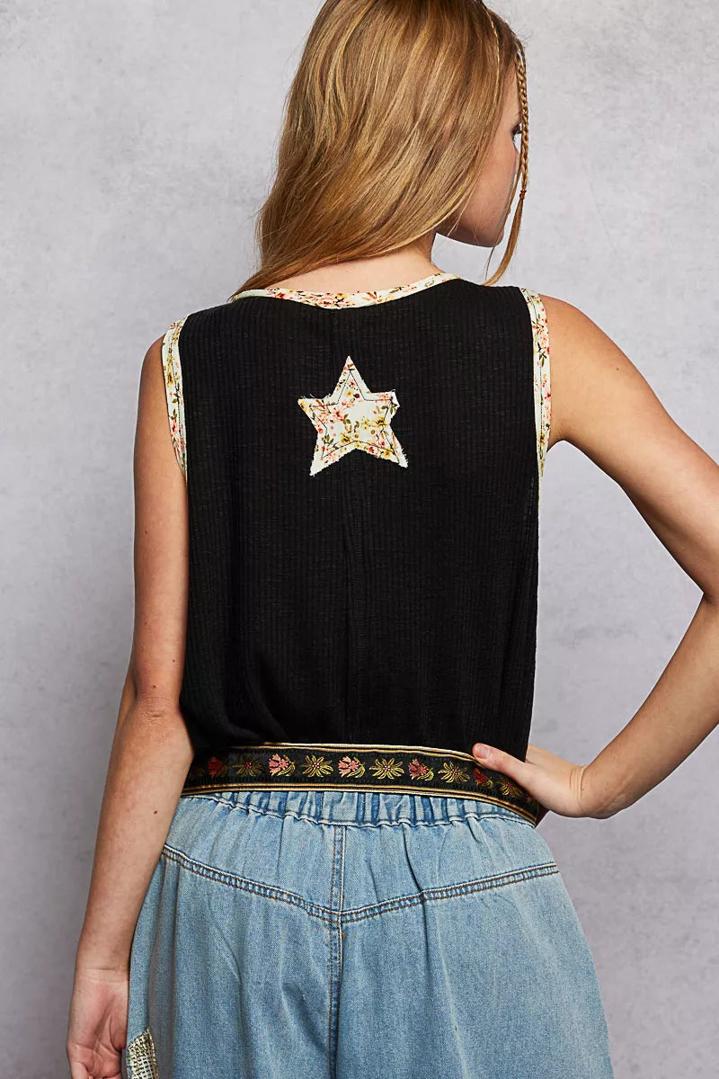 POL Black Washed Ribbed V-Neck Tank with Floral Print Star Patch