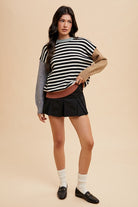 Annie Wear Ivory & Black Striped Color Block Round Neck Sweater