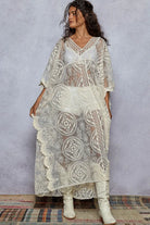 POL V Neck Short Sleeve Lace Embroidered Dress Cream One Size