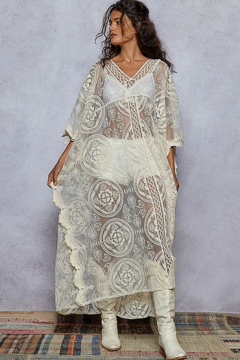 POL V Neck Short Sleeve Lace Embroidered Dress Cream One Size