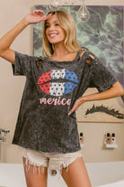 BiBi Laser Cut Mineral Washed Old Glory Lip Print Top in Black Charcoal