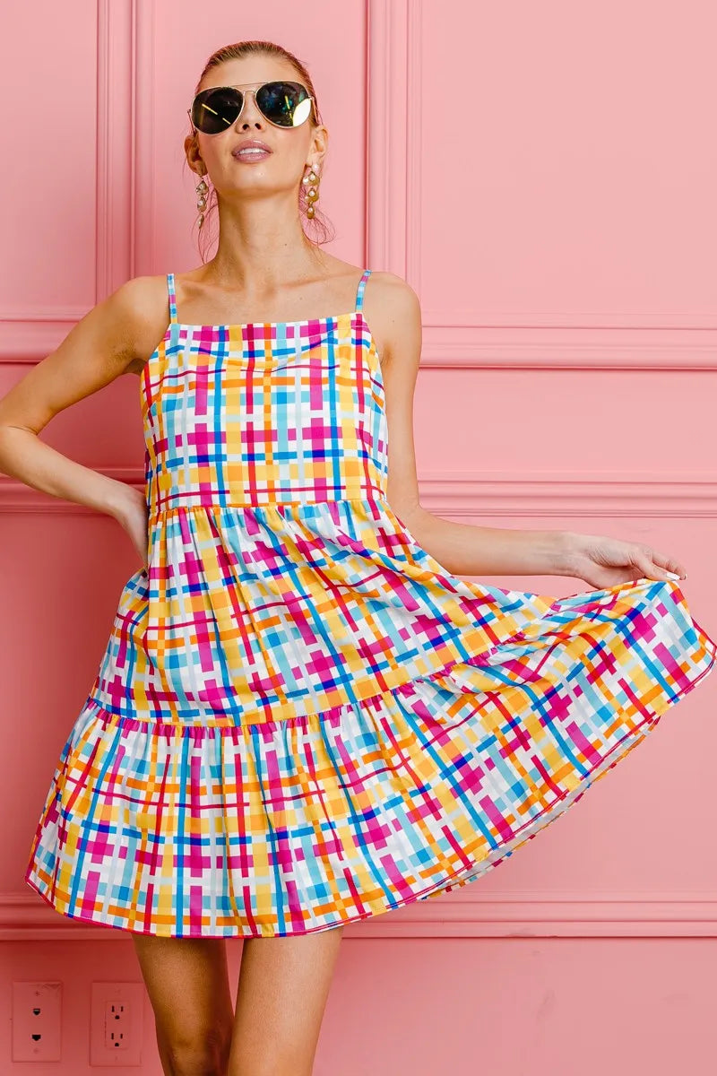 BiBi Multi Colors Plaid Sleeveless Sun Dress