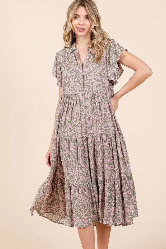 Mittoshop Abstract Print Ruffle Tier Midi Dress in Sage