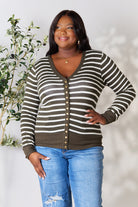 Zenana Dark Olive & Ivory Striped Snap Down Cardigan Trendsi