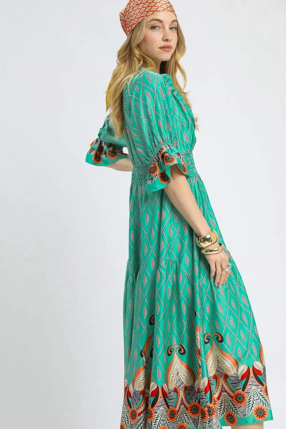 Umgee Turquoise Mint Boho Printed Smocked Waist Flounce Sleeve Midi Dress