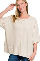 Zenana Sand Beige Ribbed Boat Neck 3/4 Sleeve Top SAND BEIGE