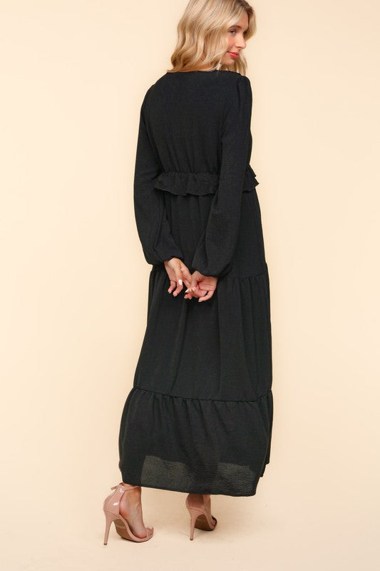 Haptics Black V Neck Pintuck Detail Frill Maxi Dress