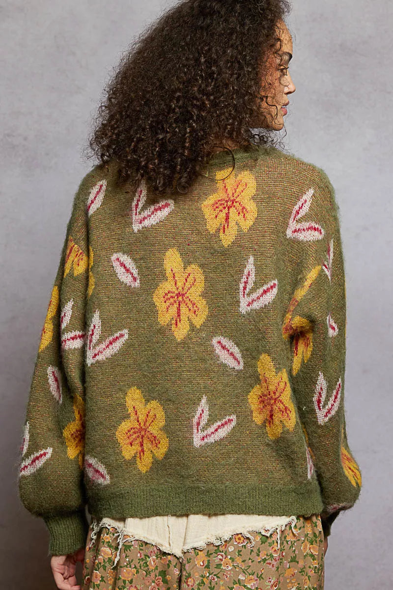 POL Olive Floral Pattern Round Neck Balloon Sleeve Sweater