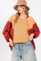 SAGE + FIG Toast Mineral Wash Color Block Top Trendsi