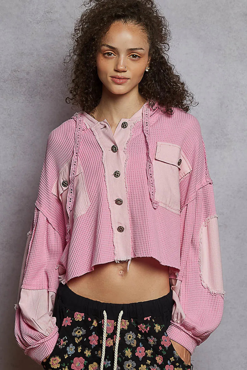 POL Fuchsia Pink Raw Hem Cropped Hooded Jacket Fuchsia Pink