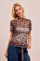 BiBi High Neck Leopard Mesh Short Sleeves Top