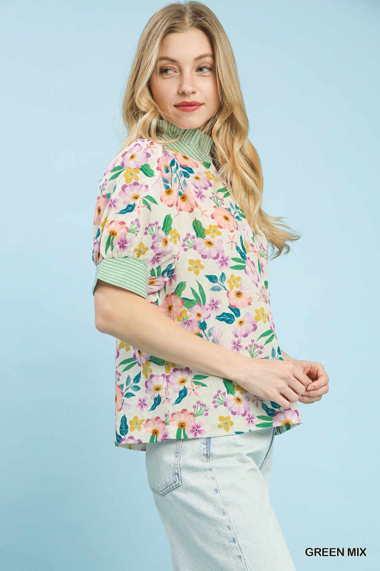 Umgee Green Mix Floral Print Jacquard Ruffle Top