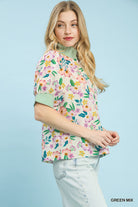 Umgee Green Mix Floral Print Jacquard Ruffle Top